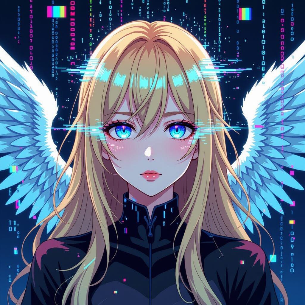 Anime Angel Corrupted by Digital Interference as Glitch Art