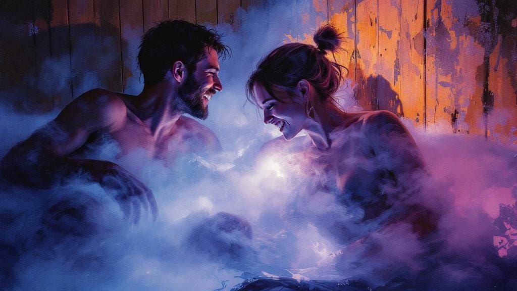Friends Laughing in Steamy Sauna, Alla Prima Style