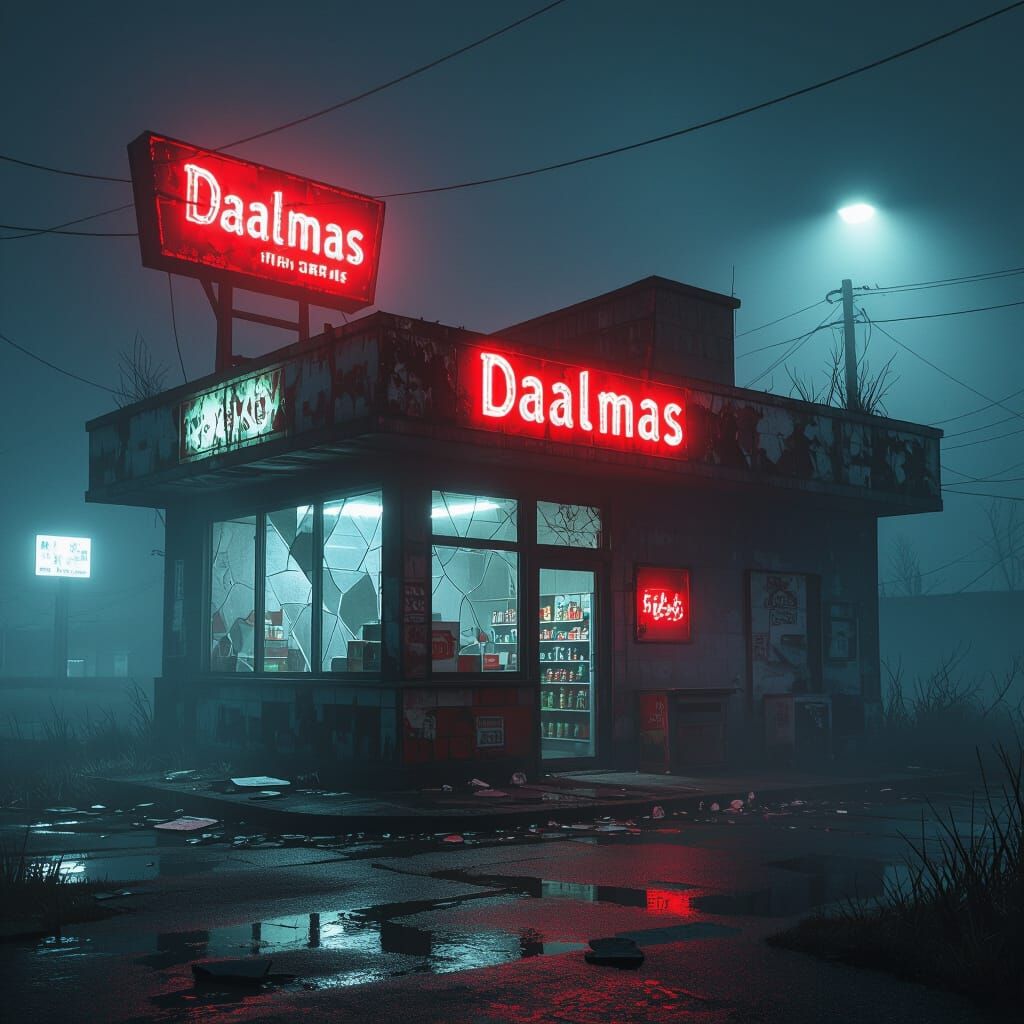 Abandoned Store at Night in Cinematic Matte Painting Style