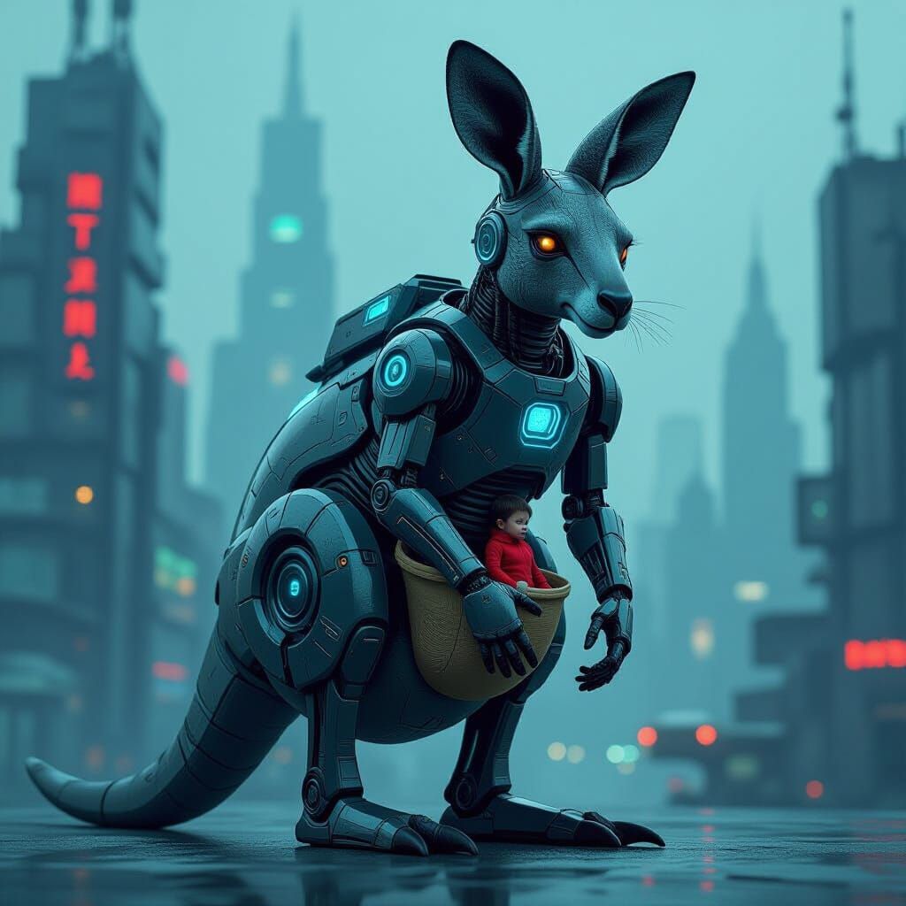 Cyberpunk Robotic Kangaroo Transports Human