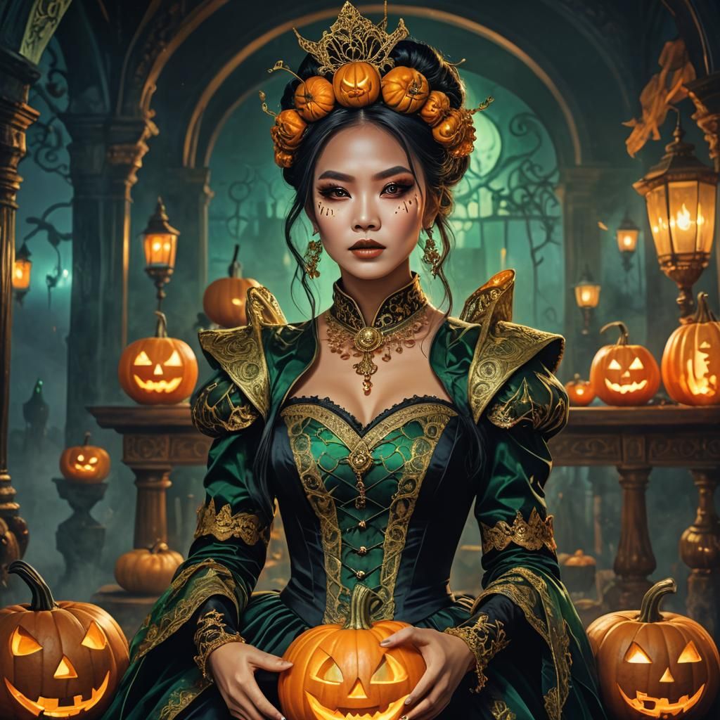Thai Woman in Victorian Jack-O-Lantern Costume