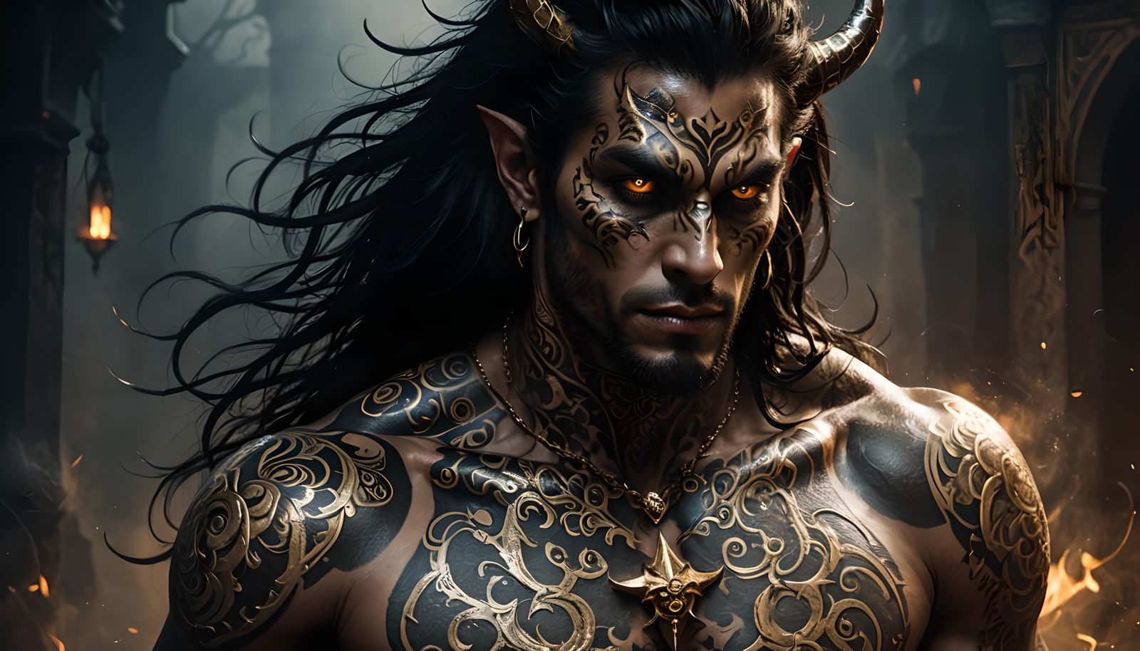 Hyperrealistic Tiefling Paladin with Tattoos