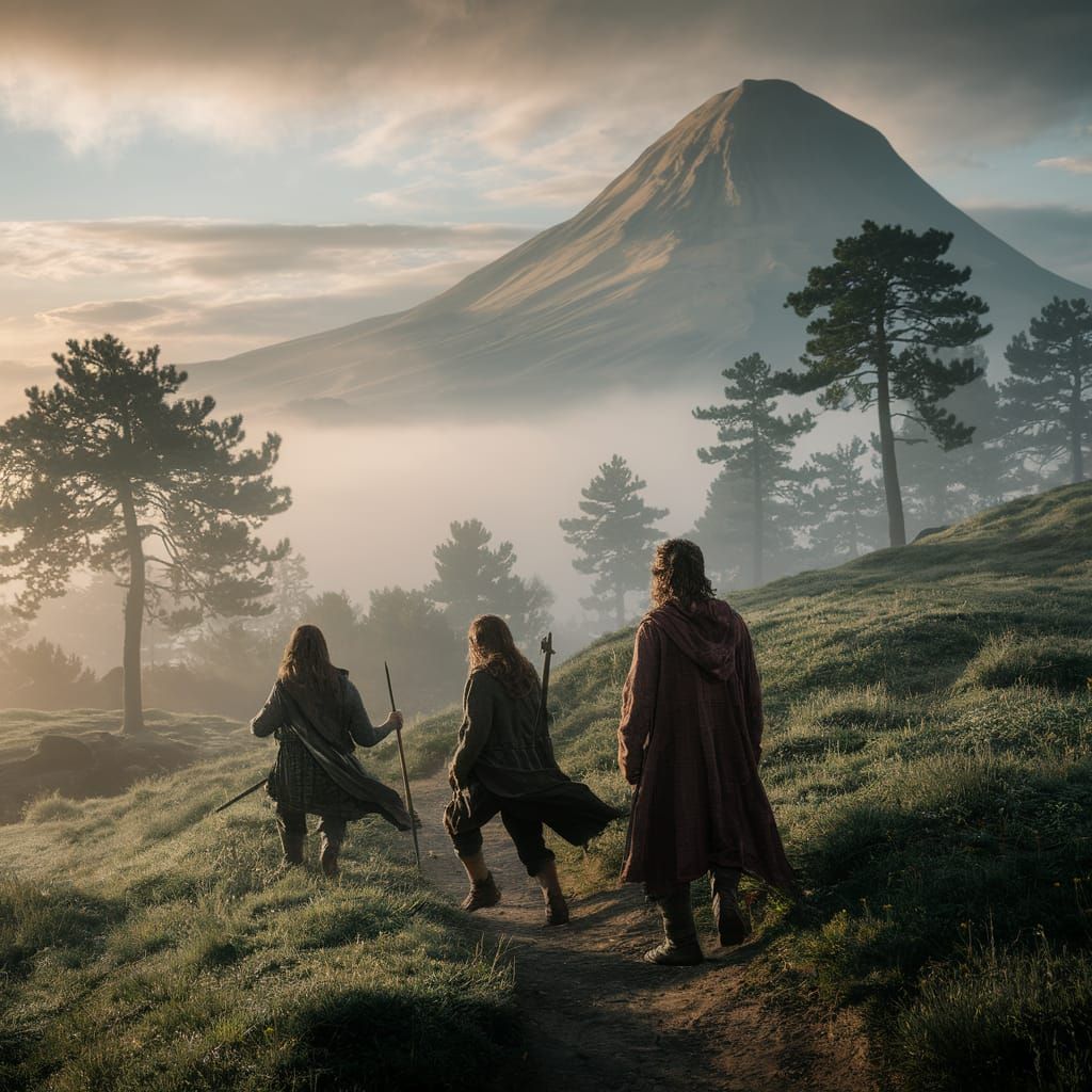 Hobbits Trekking Through Misty Fantasy Landscape