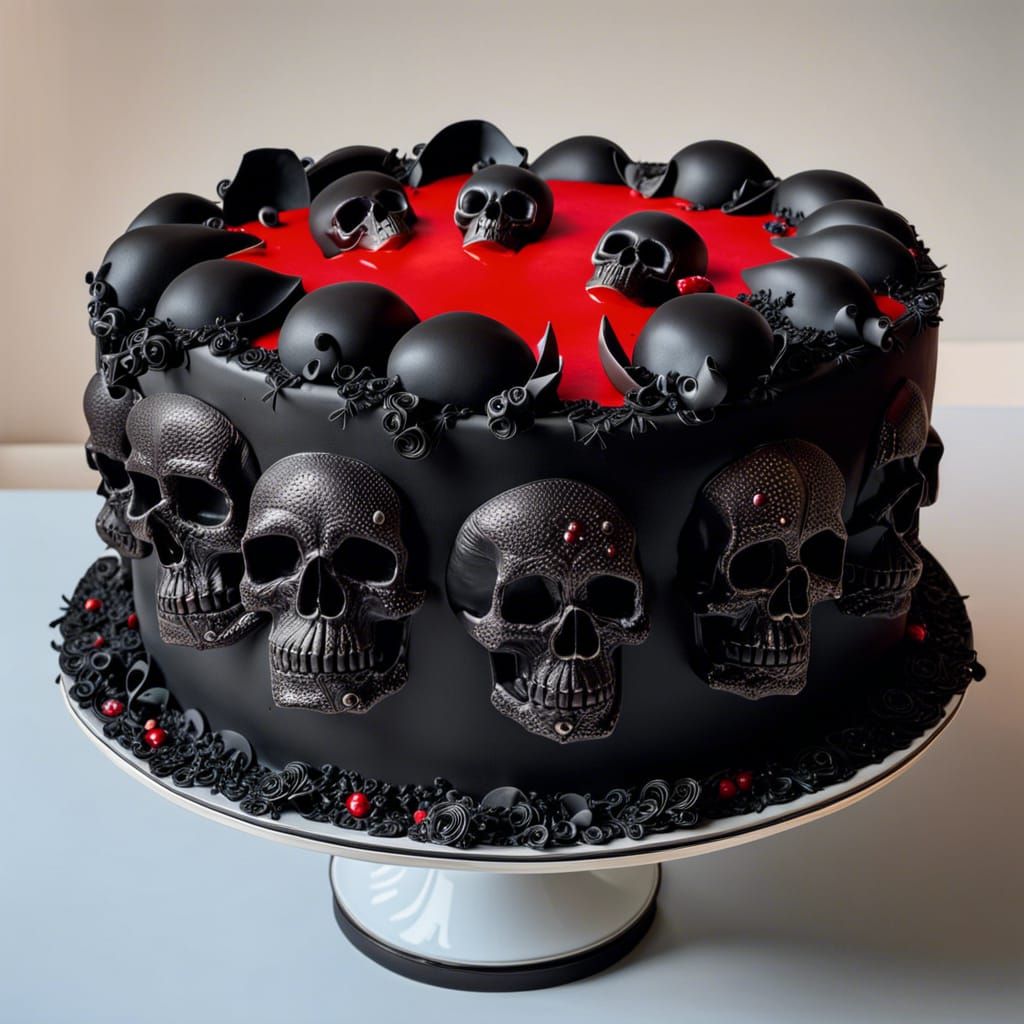Skull-Adorned Black Cake with Red Filling