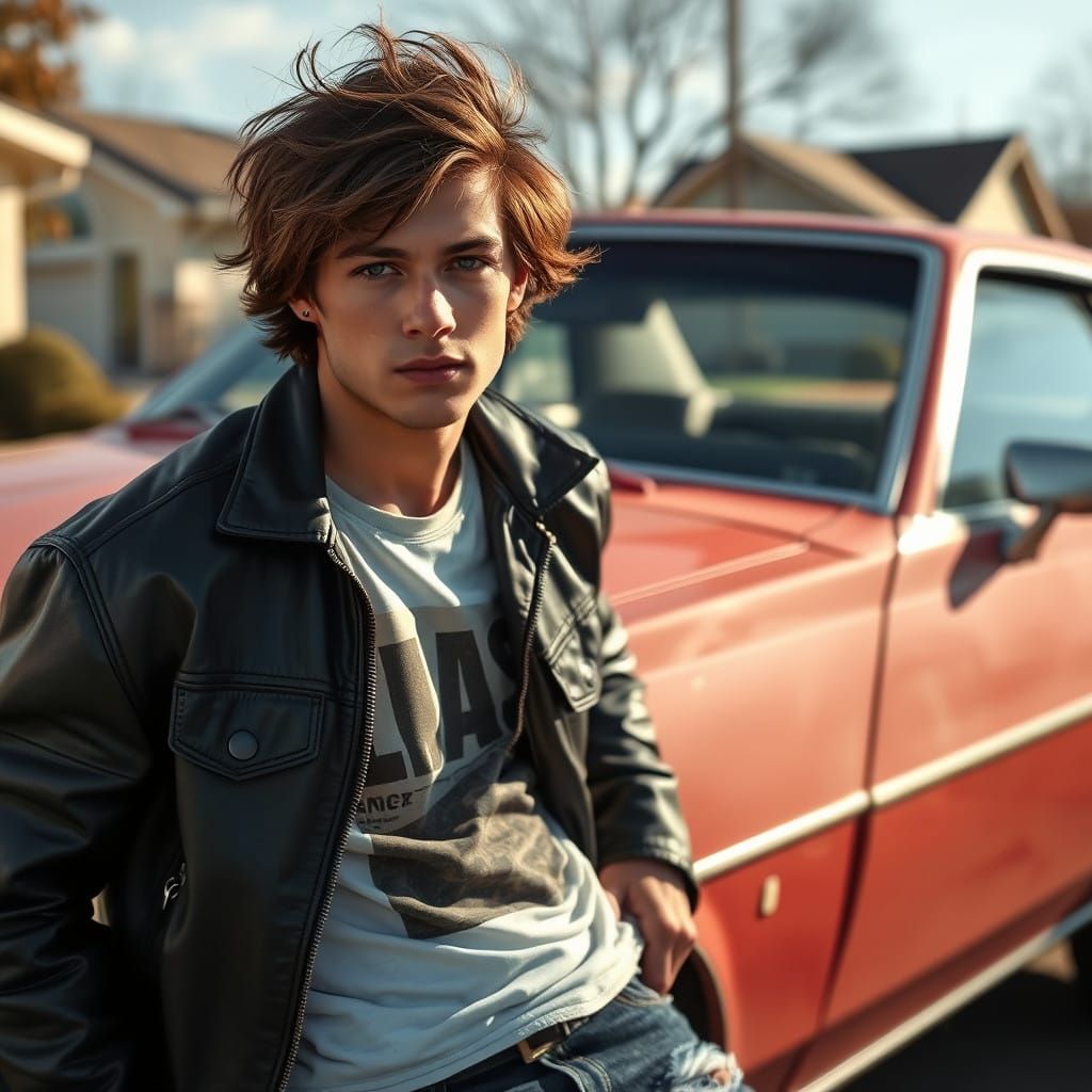 Confident Young Man Leans Against Vintage Red AMC Pacer