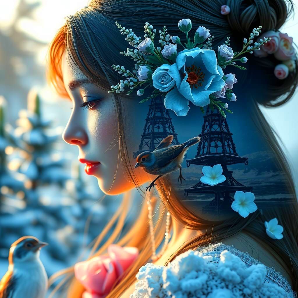 Winter Landscape with Hare and Floral Woman