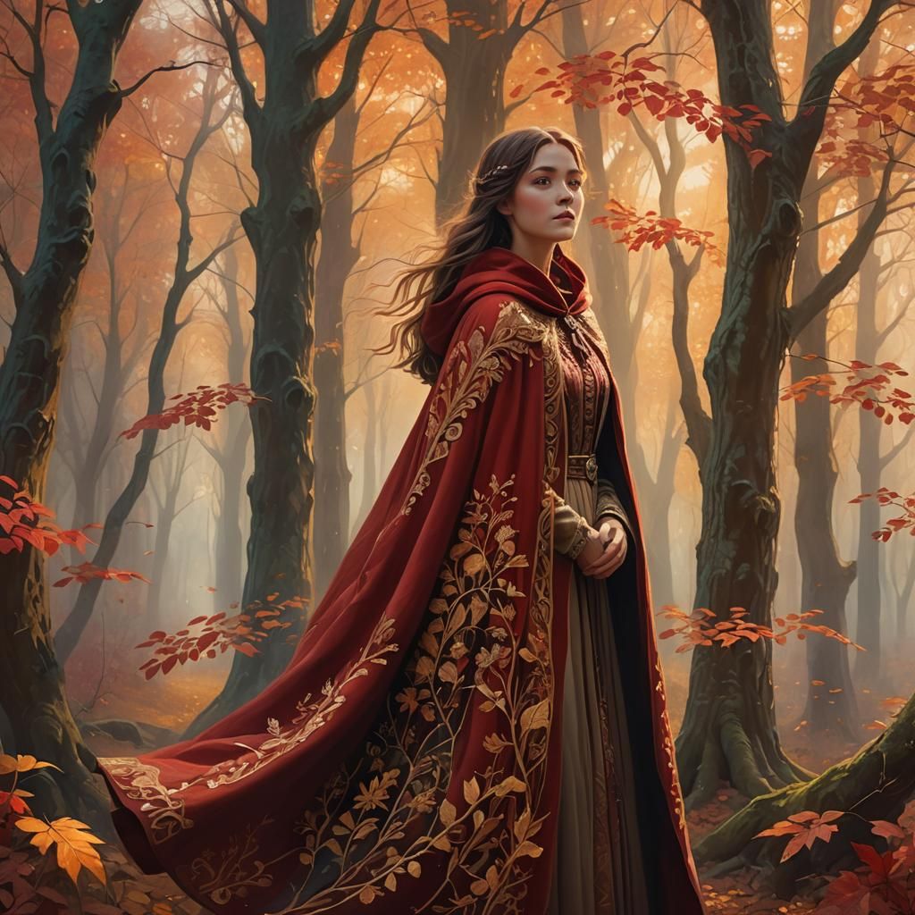 Enchanted Forest Woman in Autumn, Impressionist Style