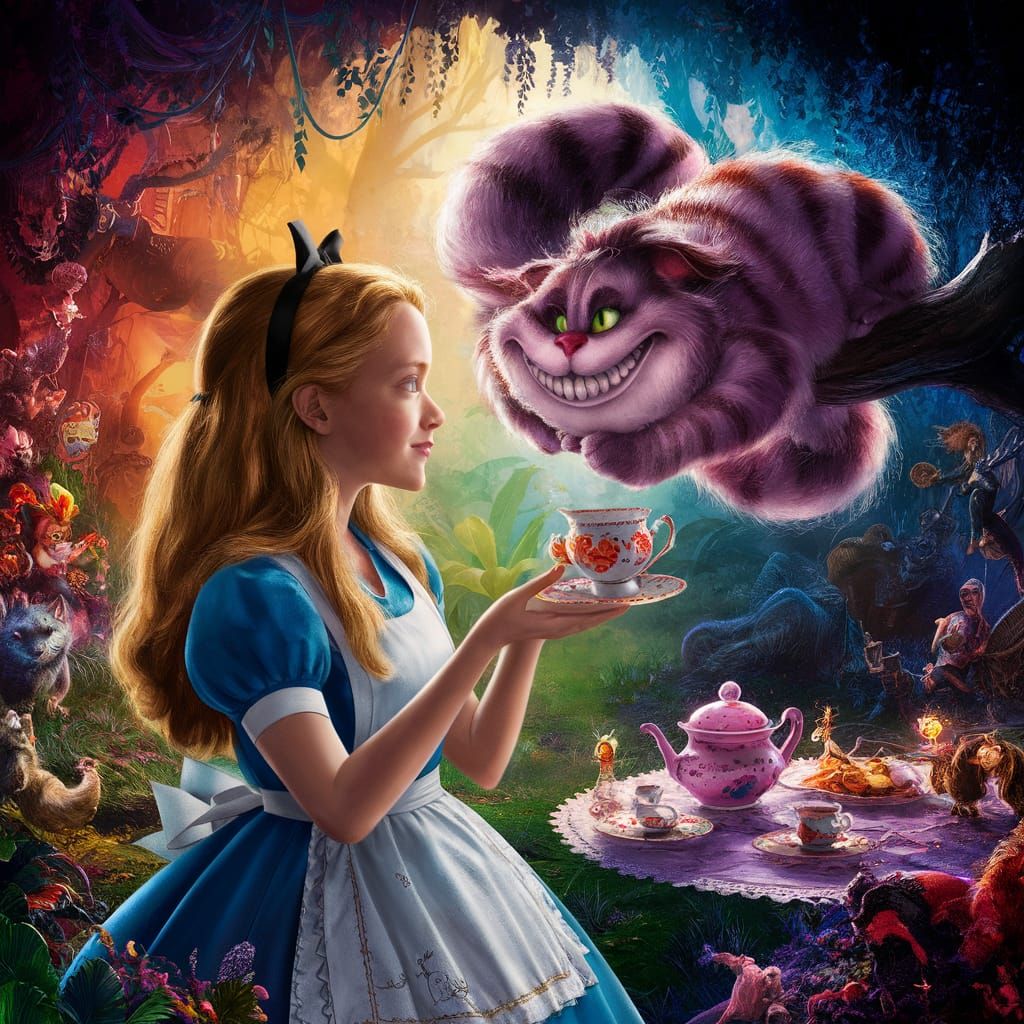 Alice and the Cheshire Cat's Whimsical Tea Party