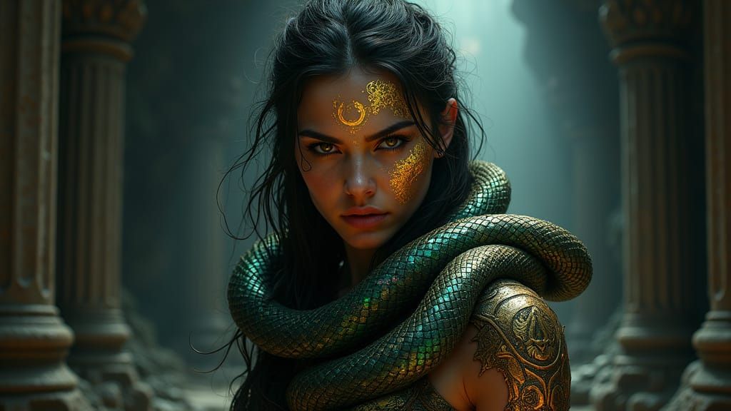 Fierce Tattooed Warrior in Dark Throne Room