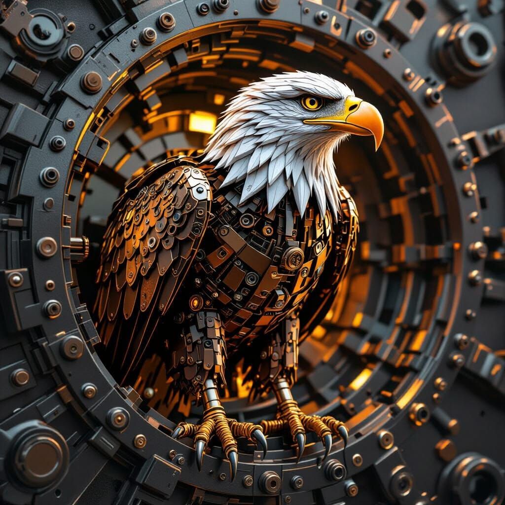 Hyperrealistic Eagle Made of Nuts and Bolts in Golden Hour