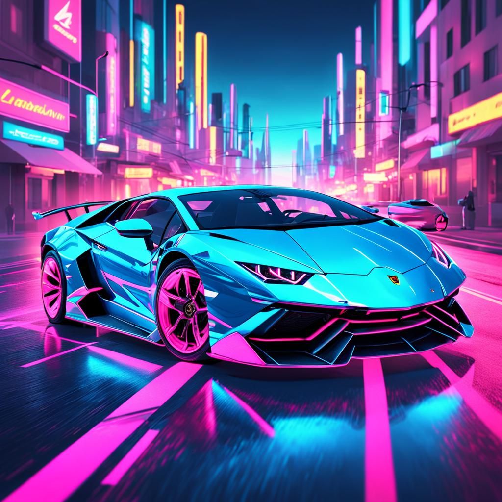 Neon Lamborghini Races on Futuristic Cityscape