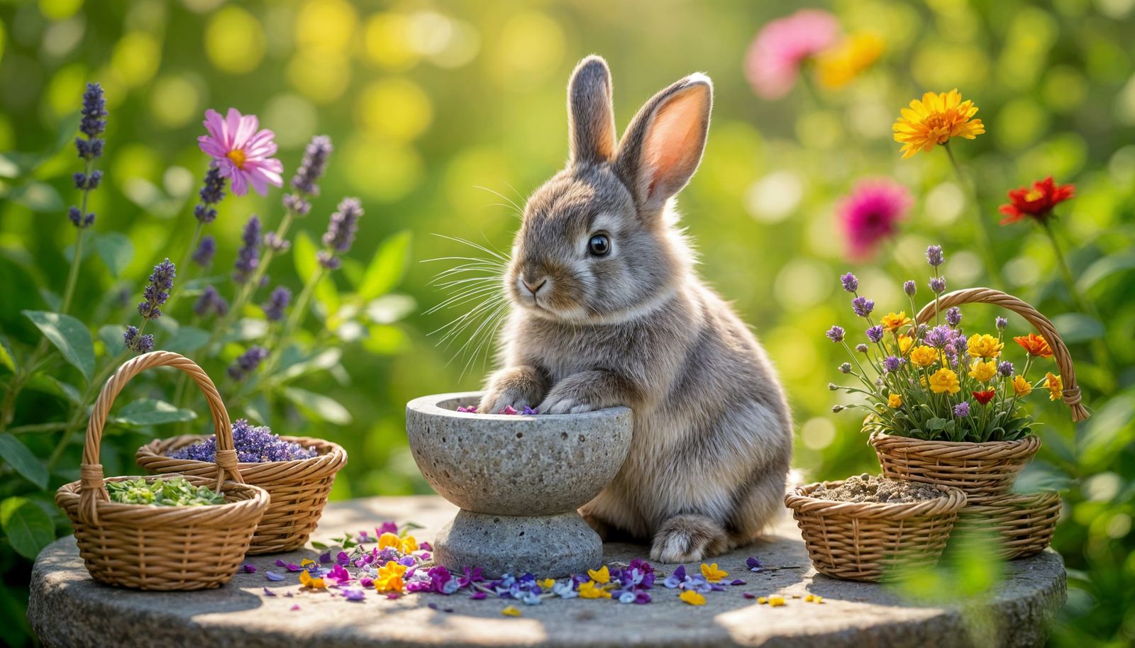 Rabbit Grinding Flower Petals in a Magical Garden