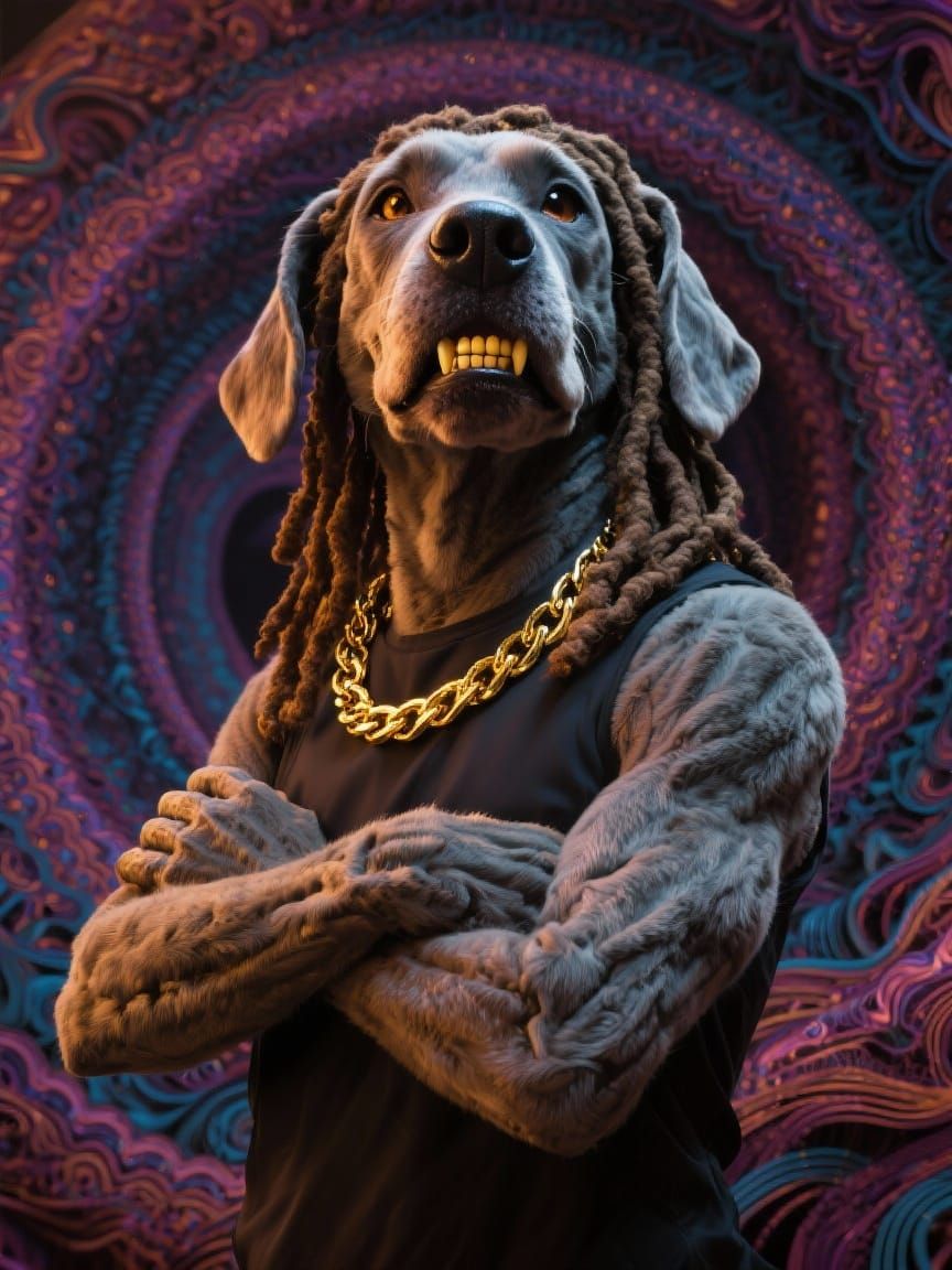Dreadlocked Dog with Gold Accents in Fractal Spiral