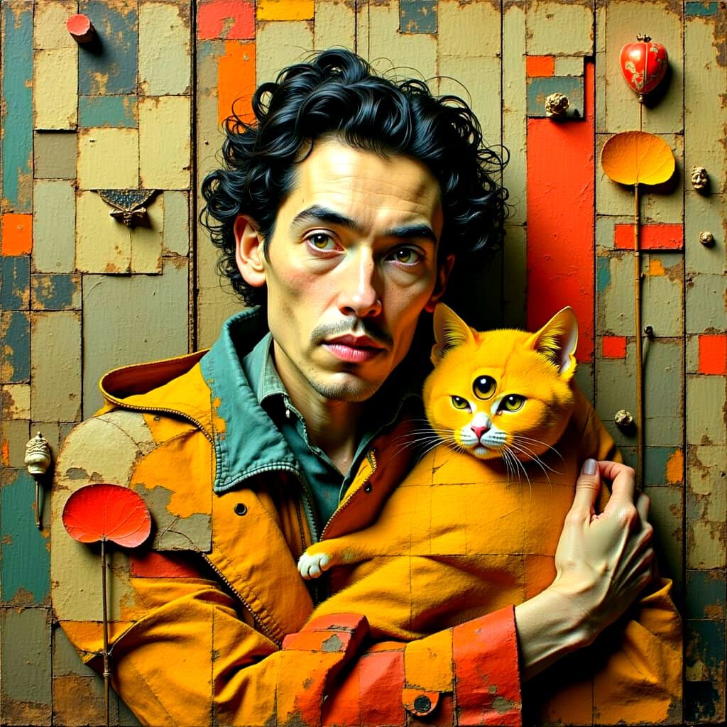 Salvador Dalí Style Portrait with Cat and Religious Relics