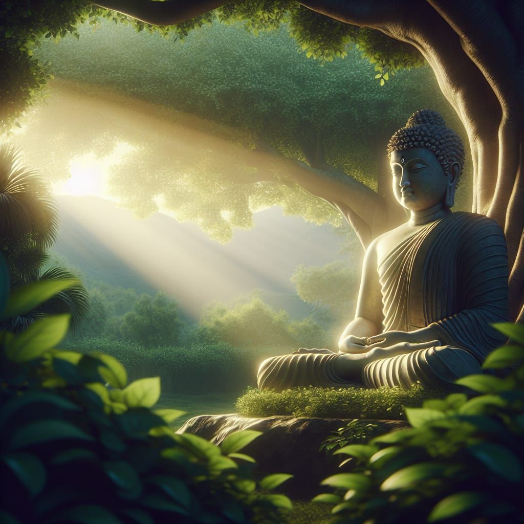 A serene Buddha sitting cross-legged in meditation under the Bodhi tree, surrounded by lush greenery. His eyes are close...
