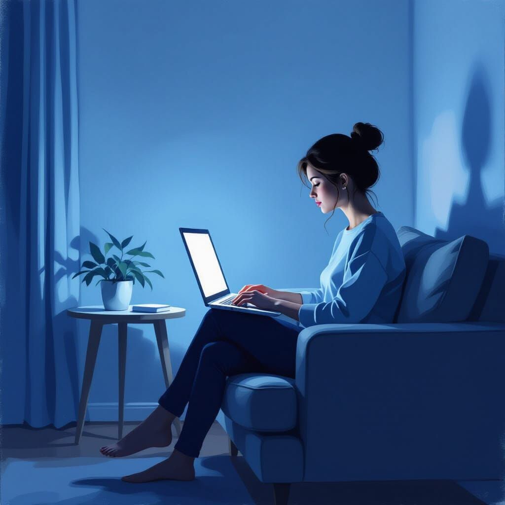Woman in Minimalist Apartment Illuminated by Laptop Glow