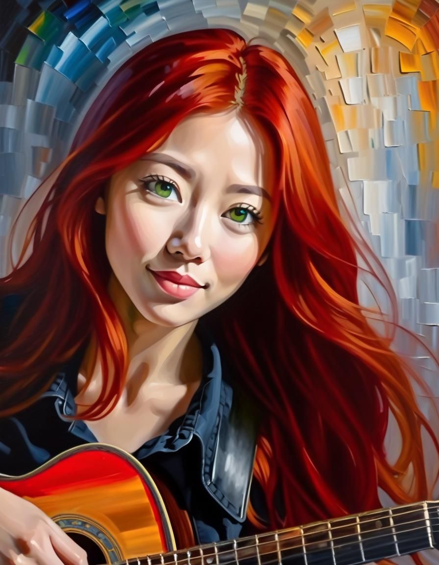 Japanese Woman Playing Guitar as Impasto Painting