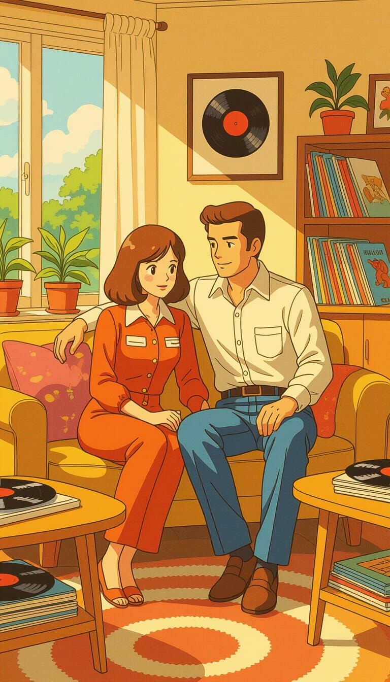 Nostalgic Couple in 1970s Style Living Room