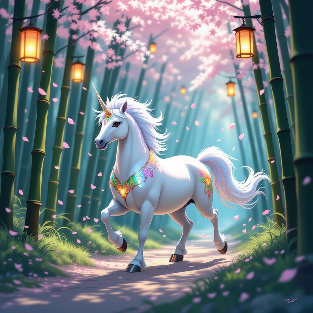 Kirin Galloping Through Bamboo Forest, Anime Style