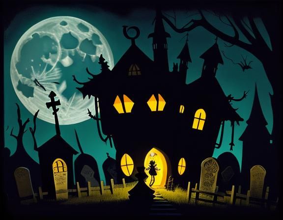 Halloween Graveyard Cartoon in Surreal Style