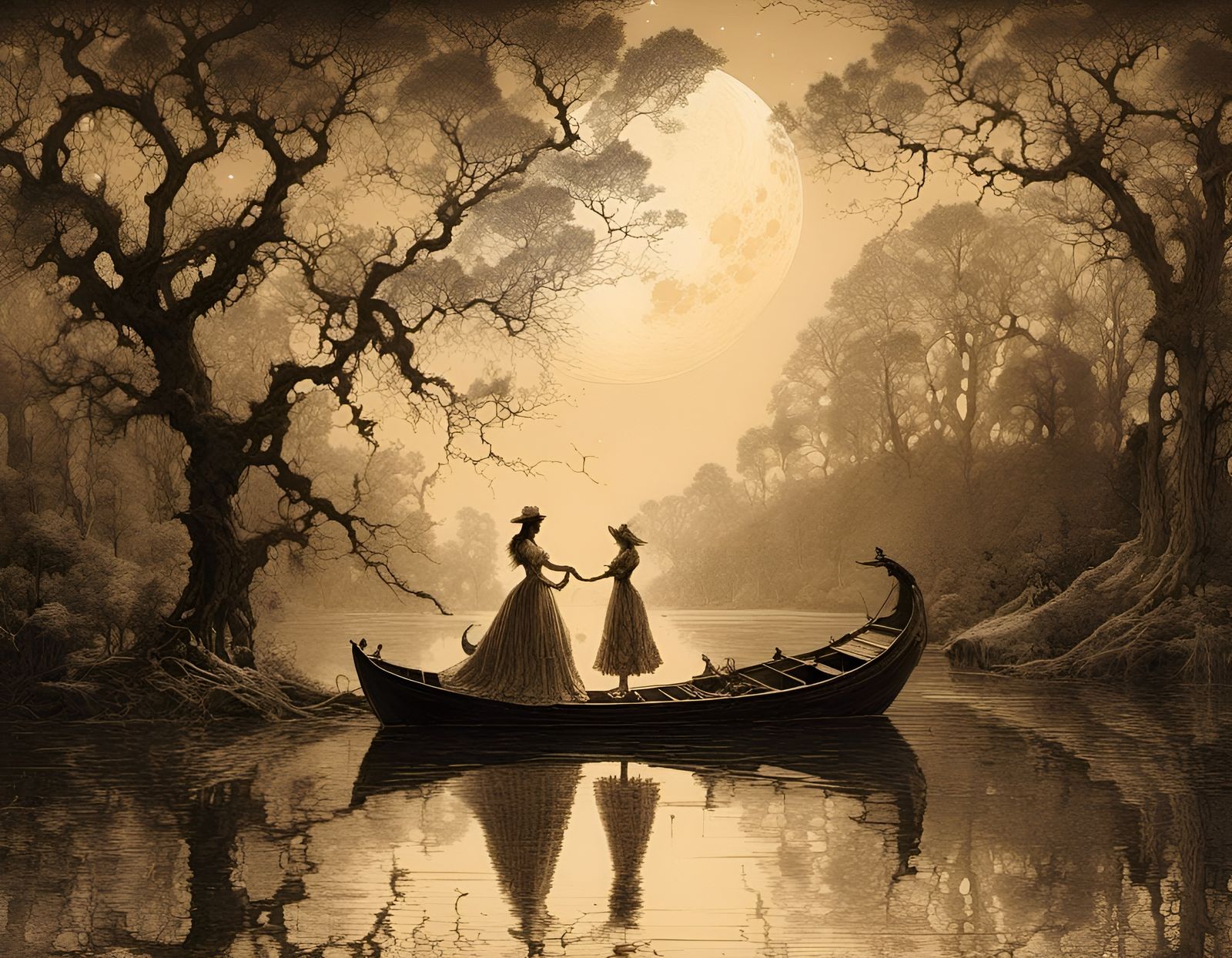 Moonlit Silhouette Dance by the Lake in Sepia