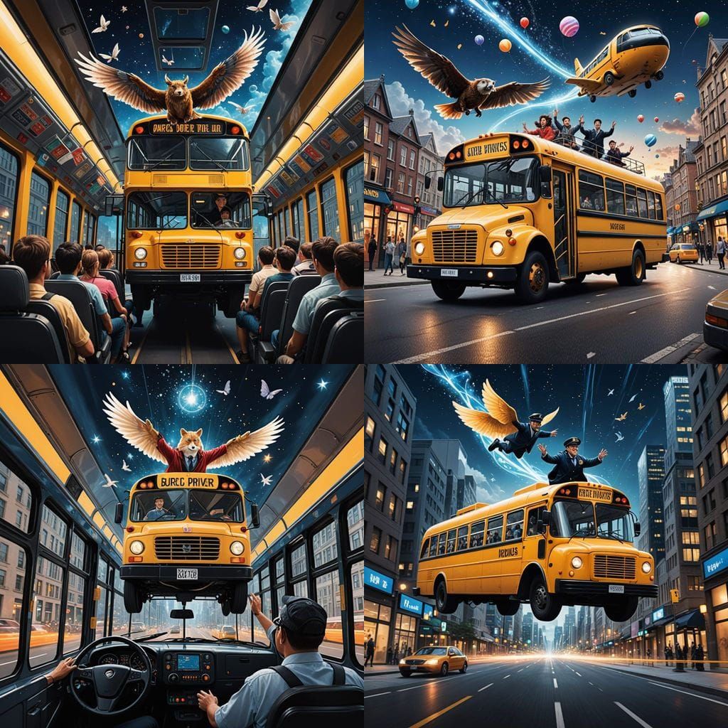 Magical Bus Driver Soaring Through Sky