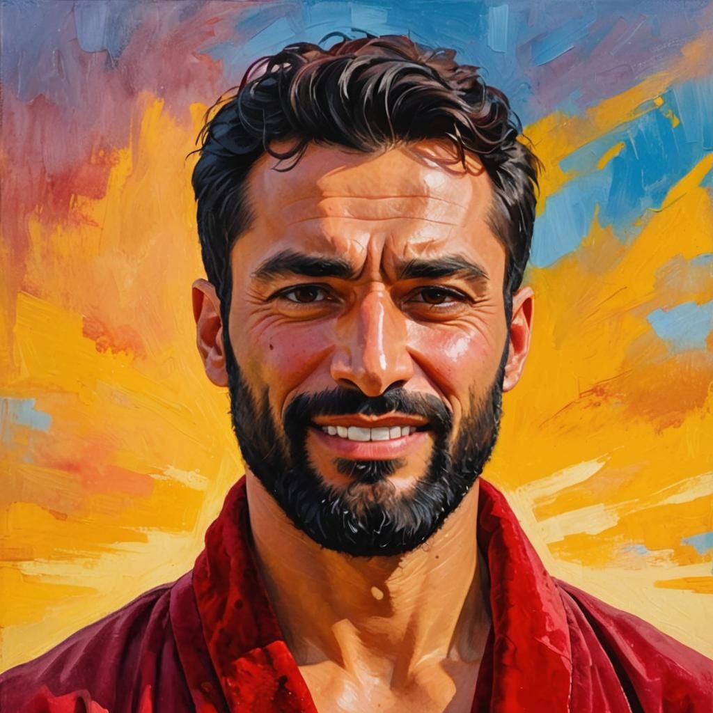 Sad Man in Red Velvet Robe: Impasto Oil Painting