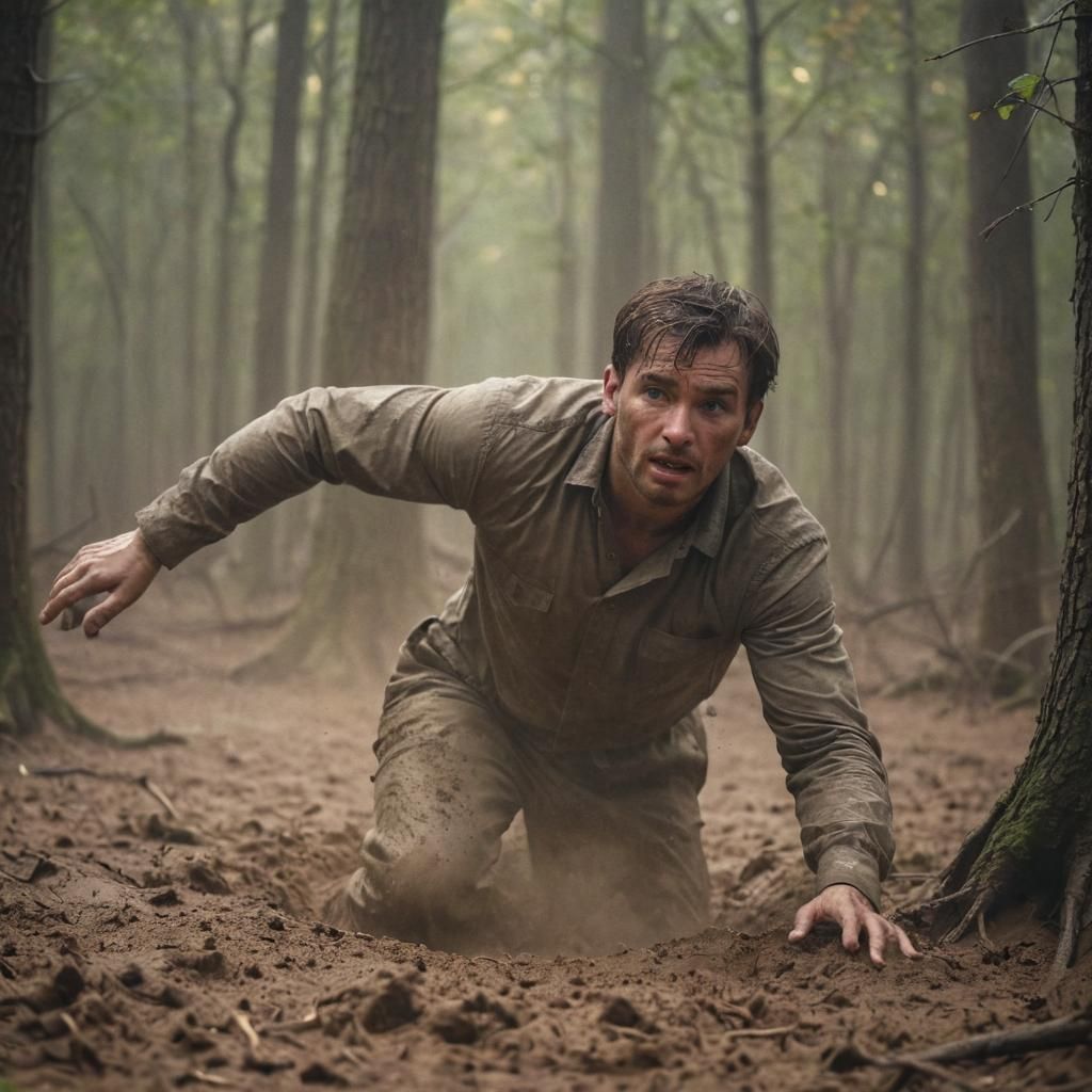 Man's Desperate Struggle in Forest Quicksand