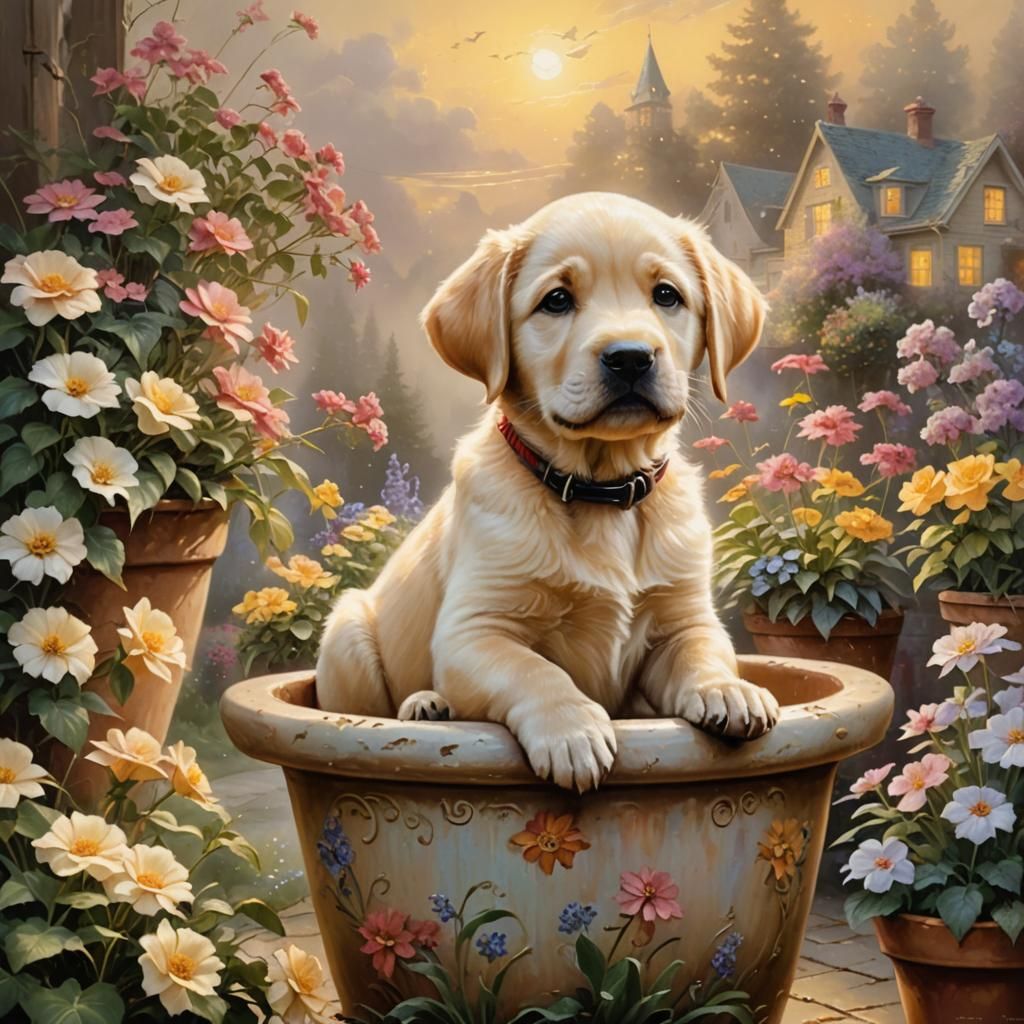 Labrador Puppy in Flower Pot: Golden Sky Fantasy