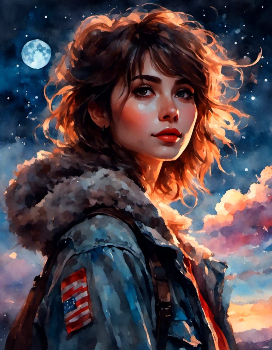 Tomboy Portrait Under Night Sky in Gouache Style