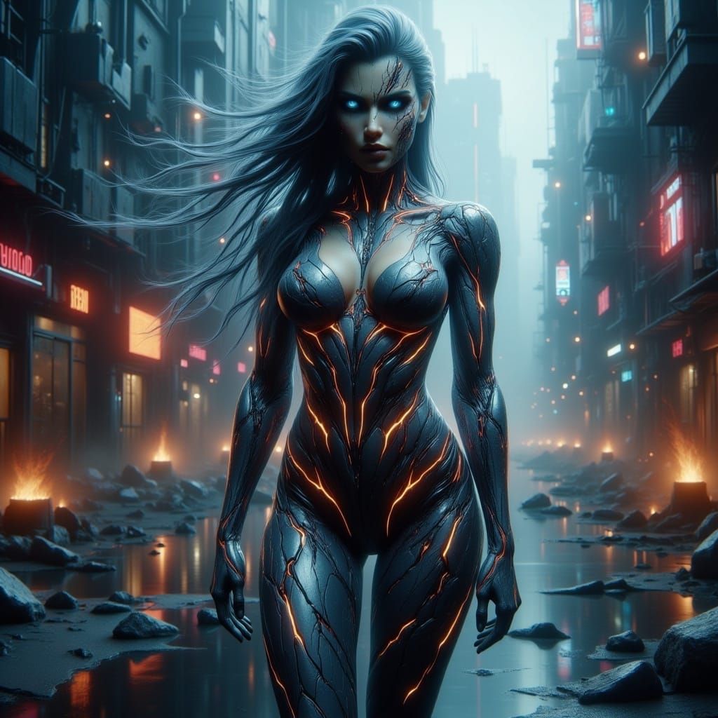 Female Cyborg in Post-Apocalyptic Cityscape