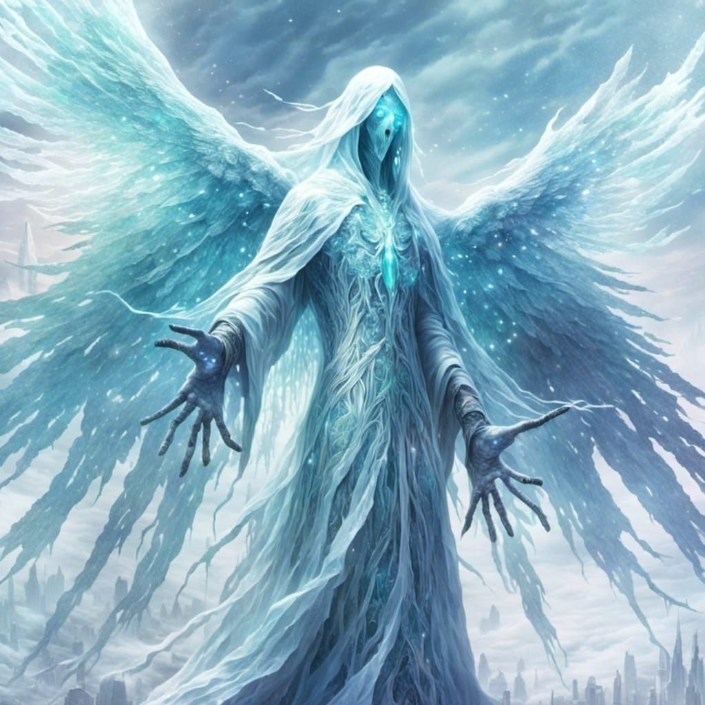 Ghostly Iridescent Pokemon Soaring Over Icy Peaks