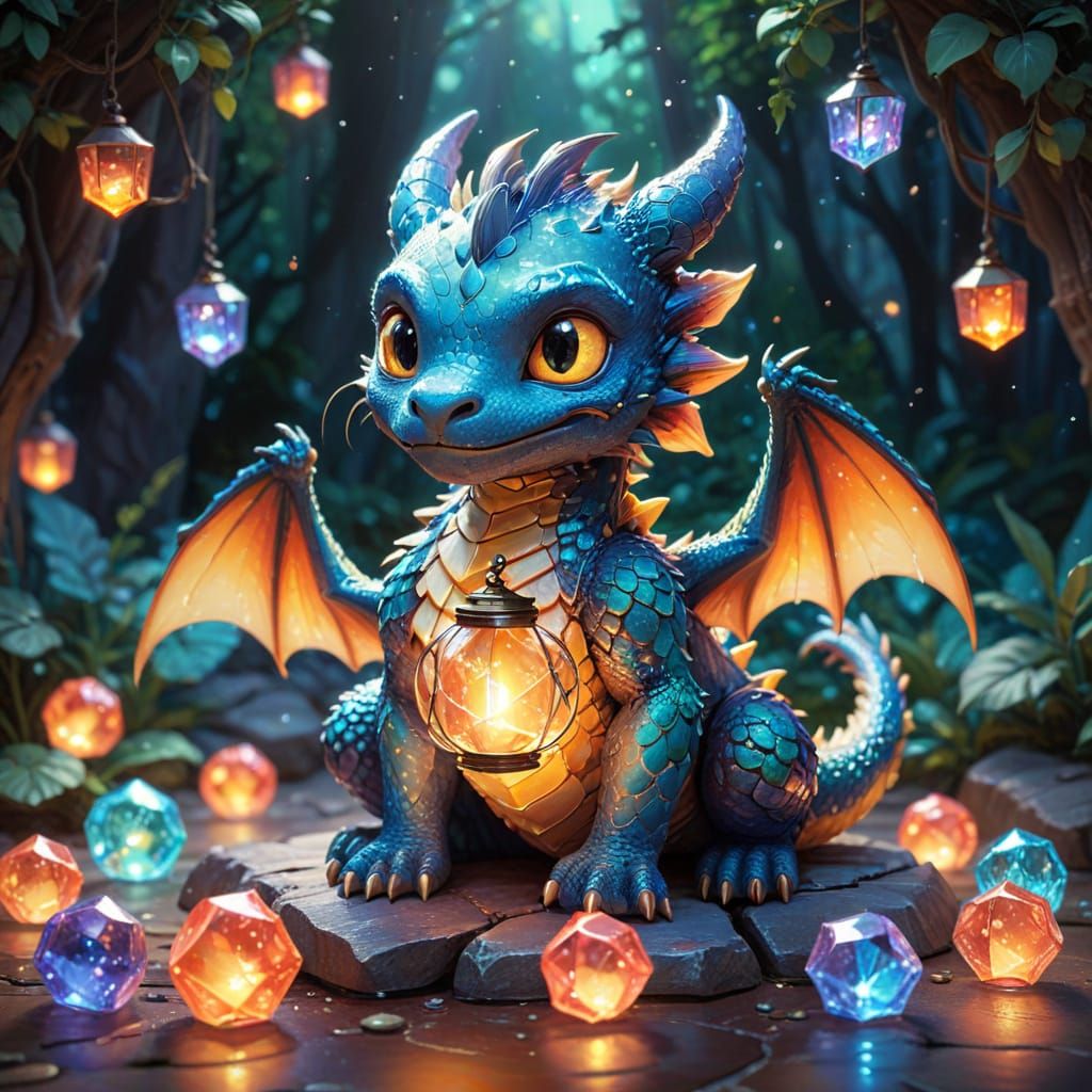 Chibi Dragon on Crystals in Studio Ghibli Style