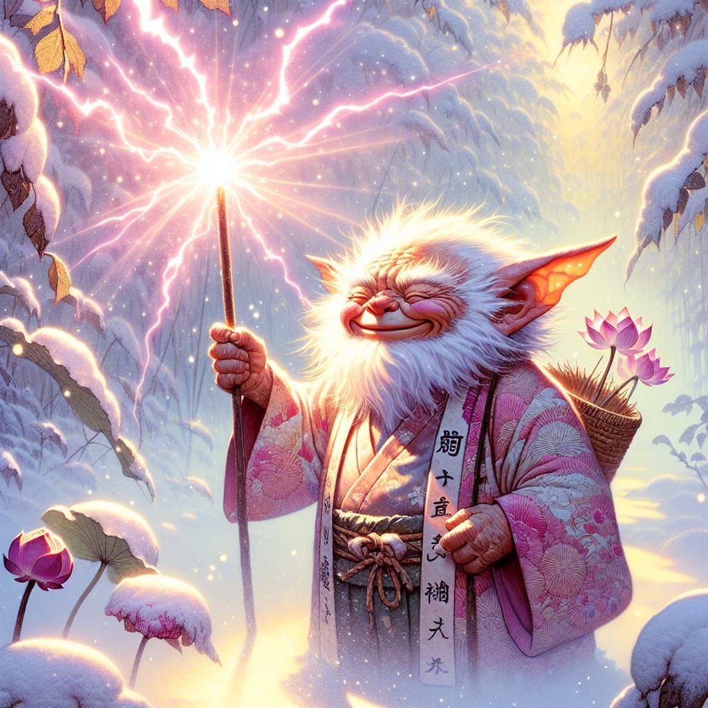 Smiling Gremlin with Thunderbolt in Ukiyo-e Style