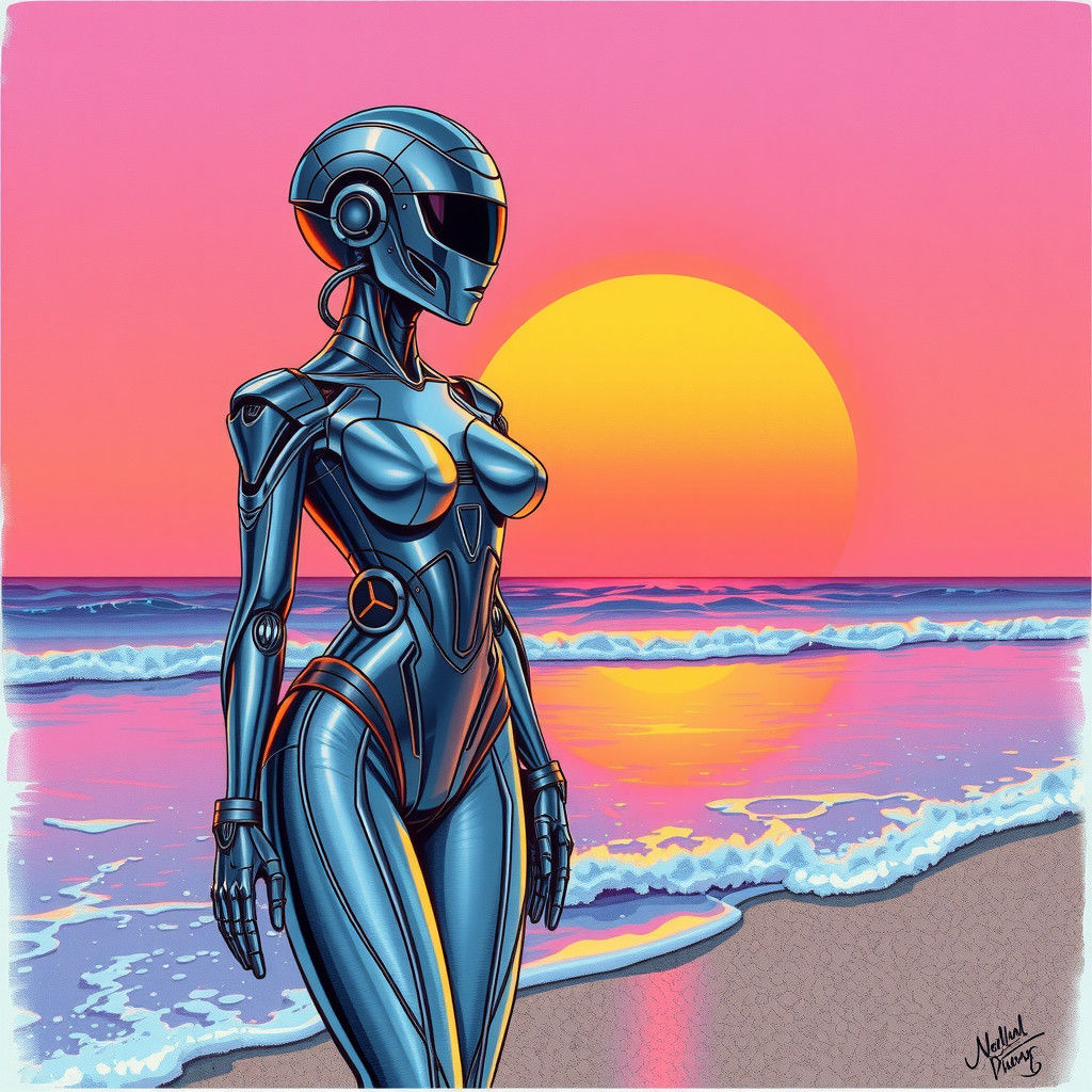 Retro-Futuristic Robotic Woman on Sunset Beach