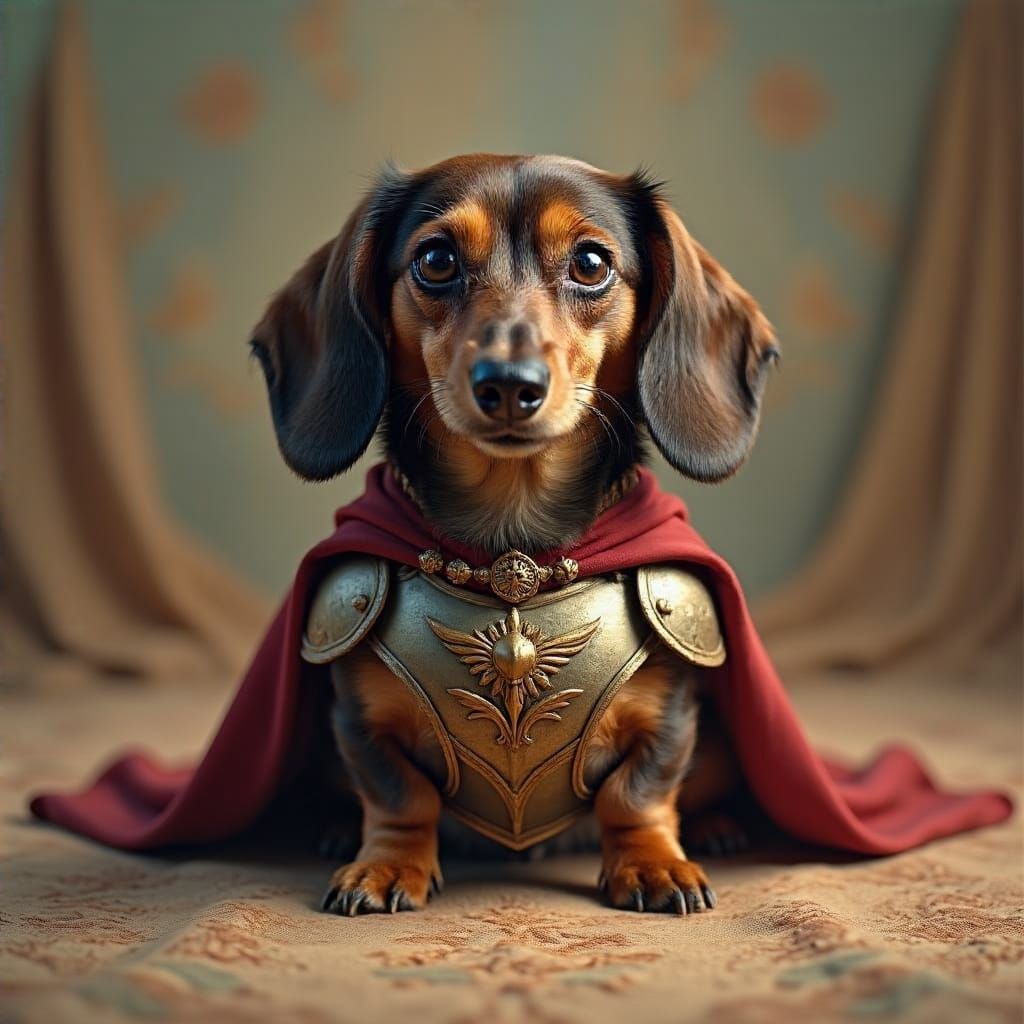 Regal Dachshund Warrior Princess in Golden Light