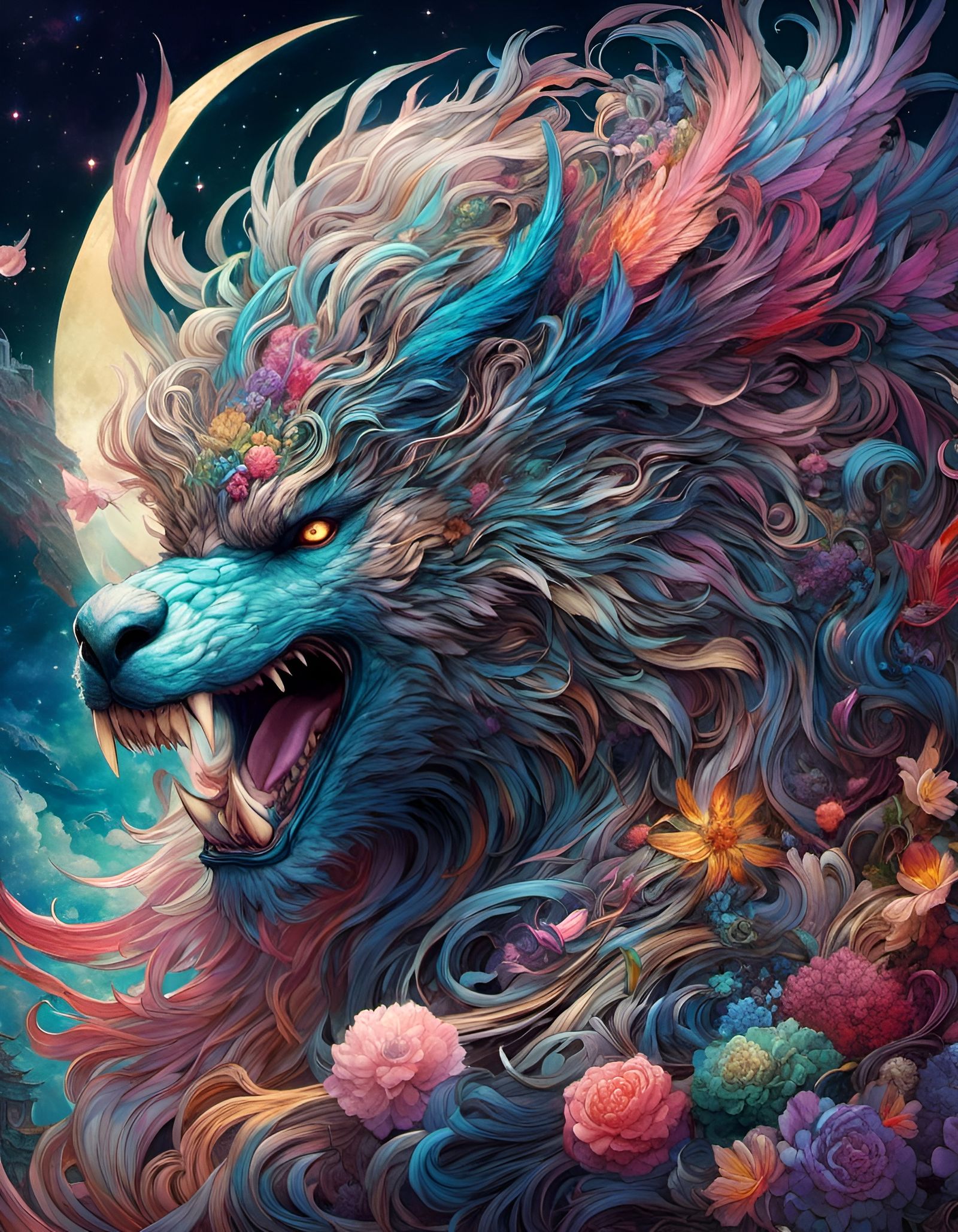 Whimsical Blooming Monster in Colorful Painting