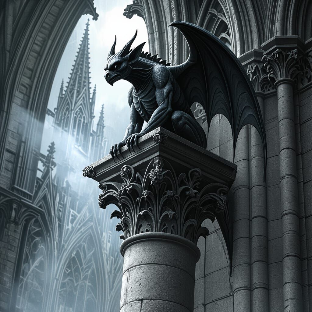 Gothic Gargoyle on Stone Column in Mystical Atmosphere