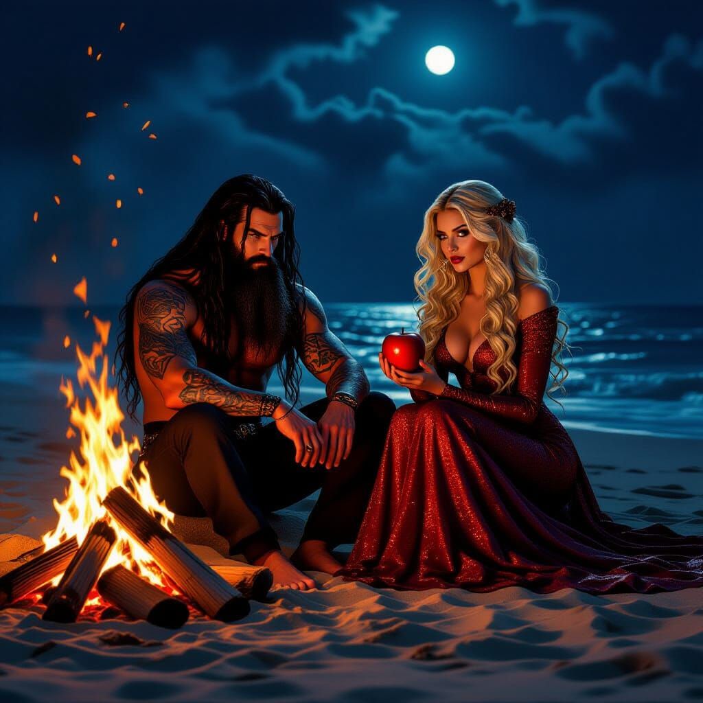 Dark Wizard by Fire with Mysterious Woman and Apple