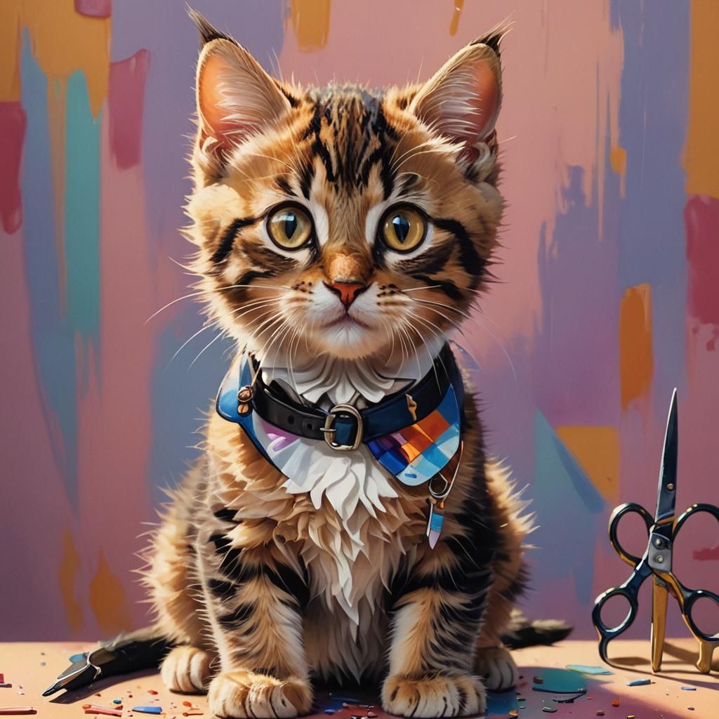 A hyperrealistic portrait of a kitten barber