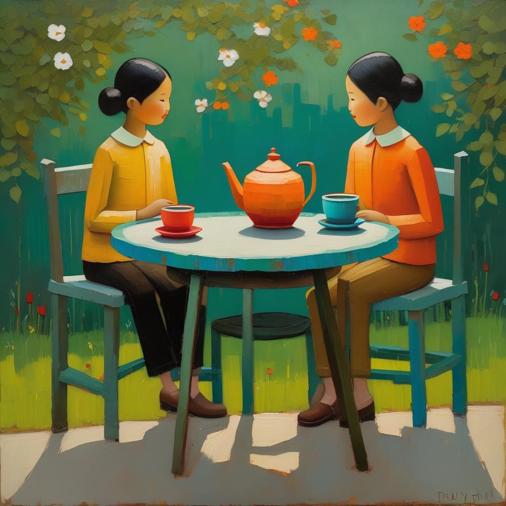 Friends in Garden, Art Brut Impasto Gouache