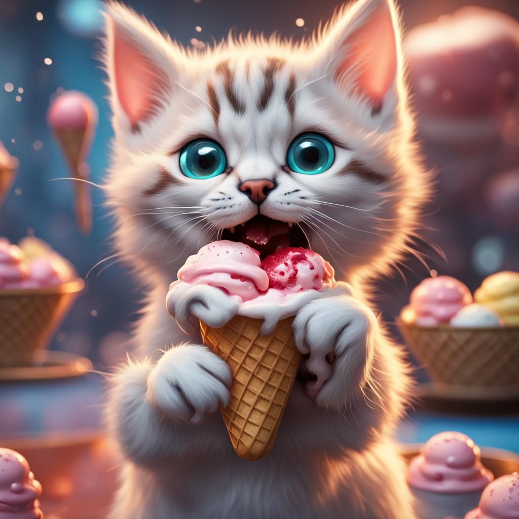 Kitten Licking Ice Cream: Detailed Fantasy Art