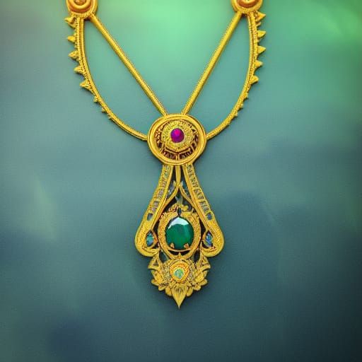 Gold Necklace with Blue-Green Gemstone: Matte Painting
