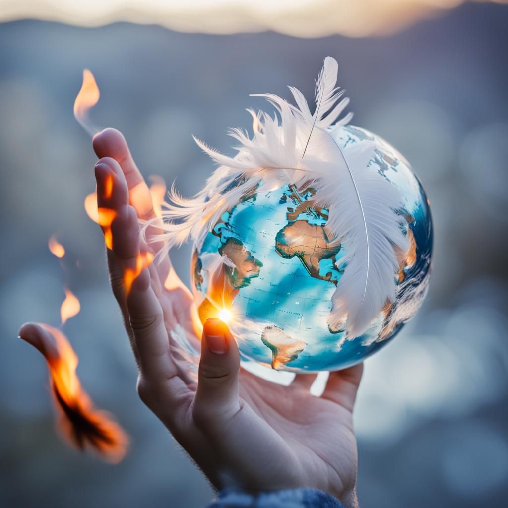hand coming out of water holding a burning globe with a feather inside