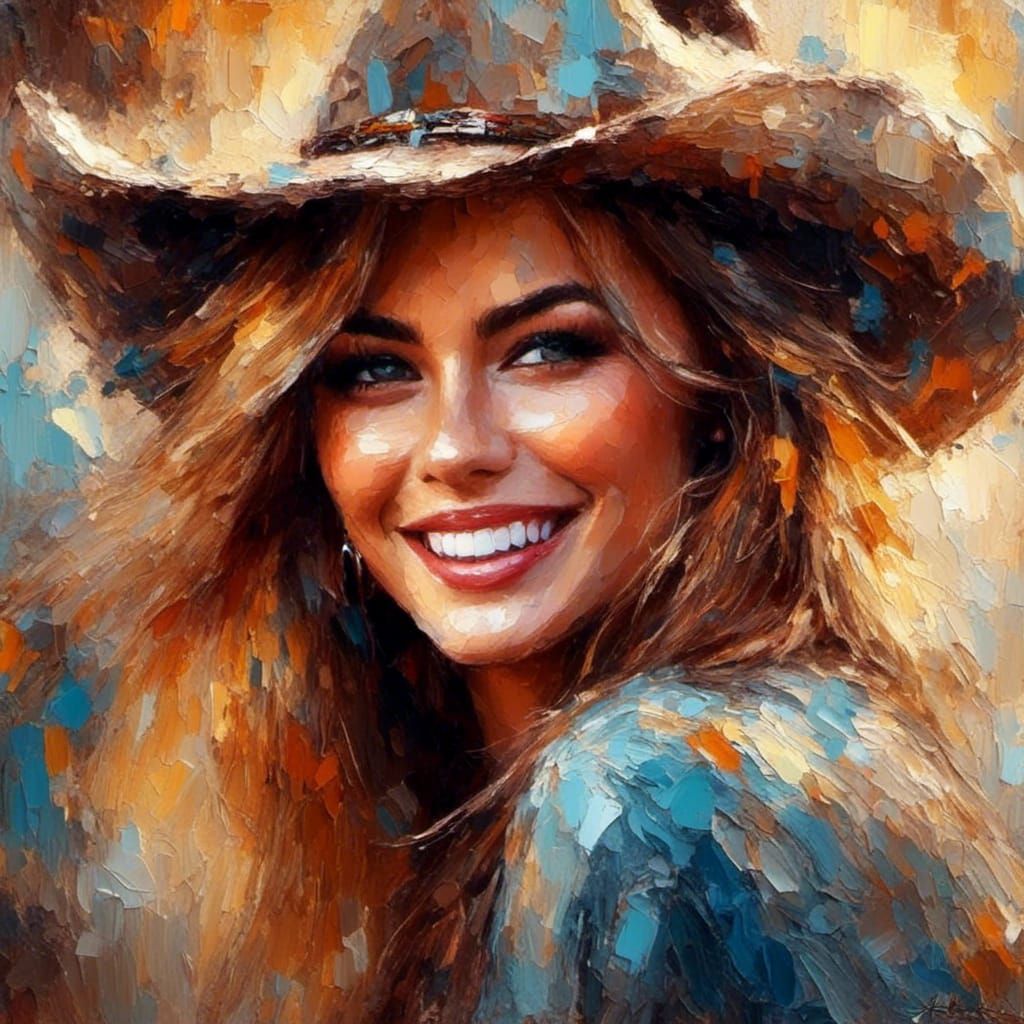 Radiant Cowgirl with Hazel Eyes in Oil and Grunge Style