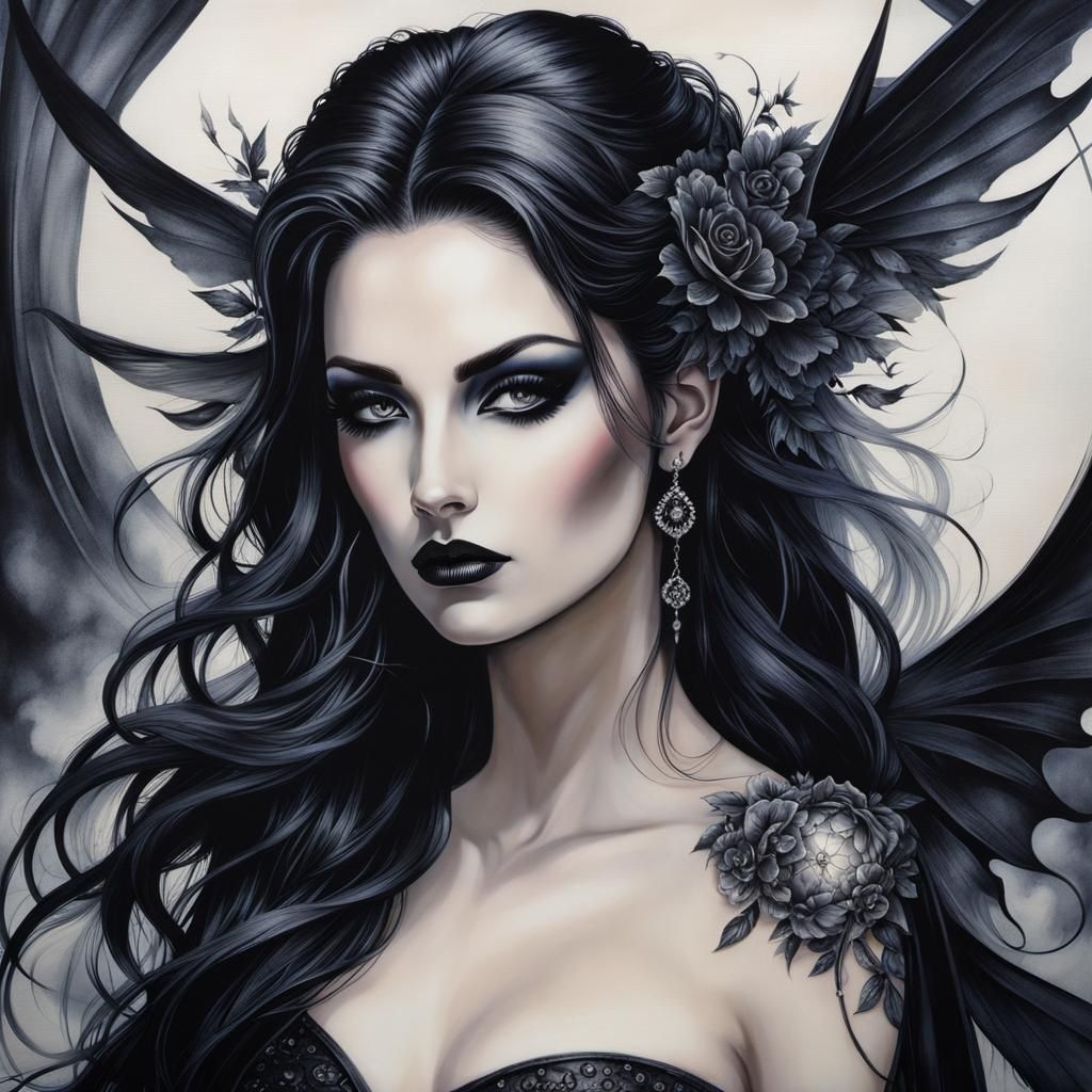 Goth Punk Woman in Wet Ink on Silk