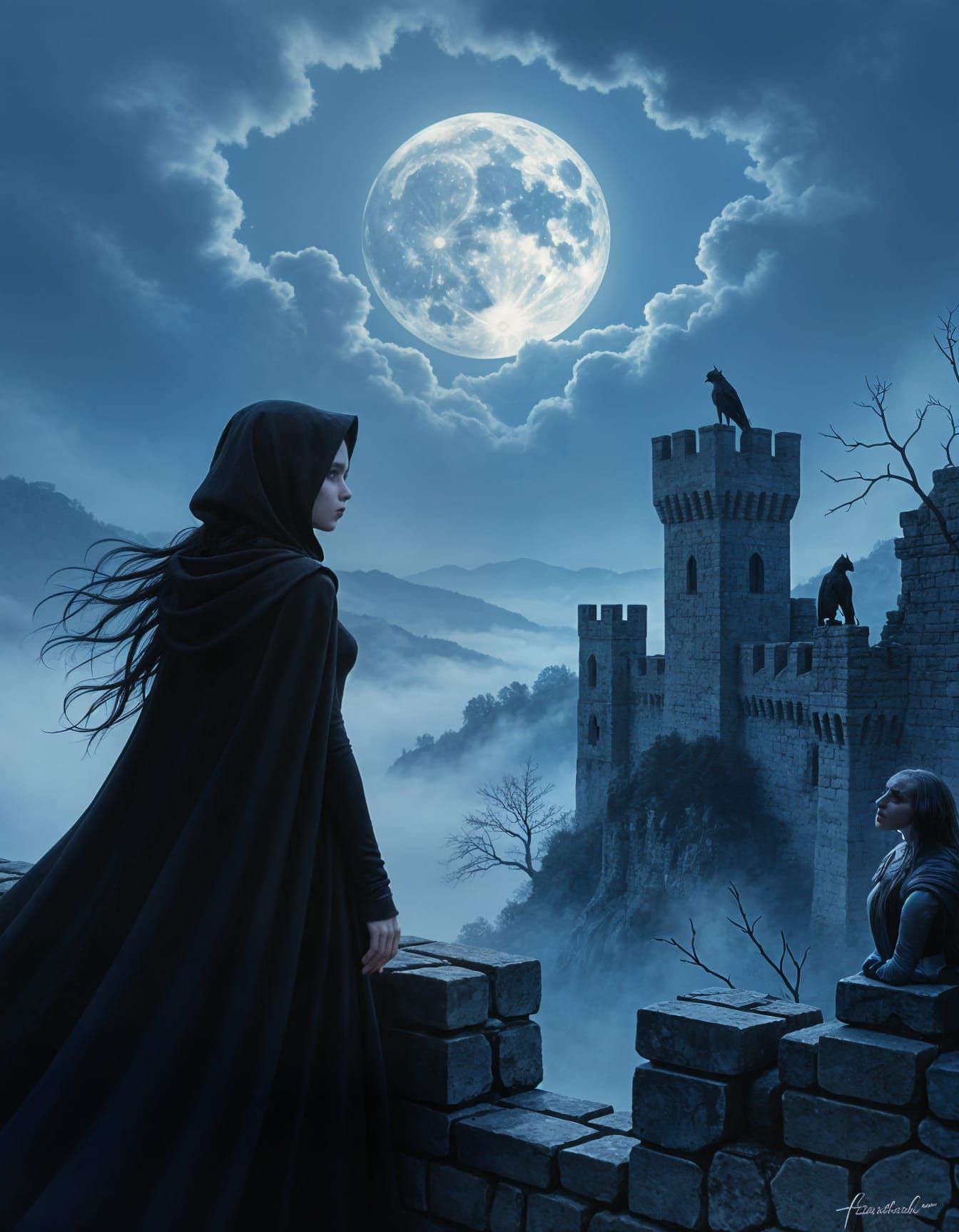 Gothic Woman in Moonlit Landscape, Romantic Painting