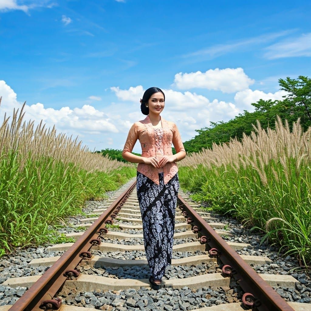 Sundanese Woman in Elegant Kebaya, Captivating Train Tracks....