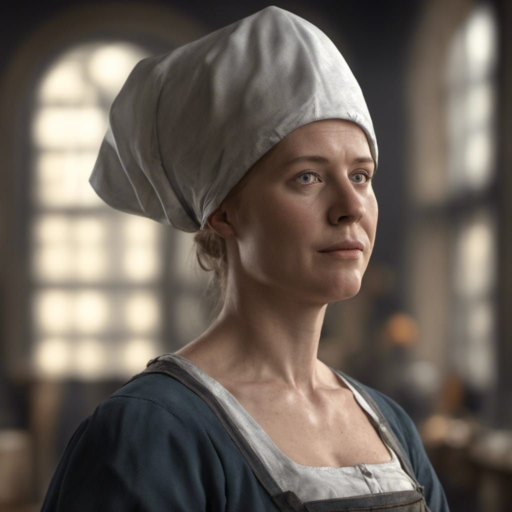 photorealistic portrait of a german burly worker woman of 16th century, 35 year old, tired, honest, big boned and strong...