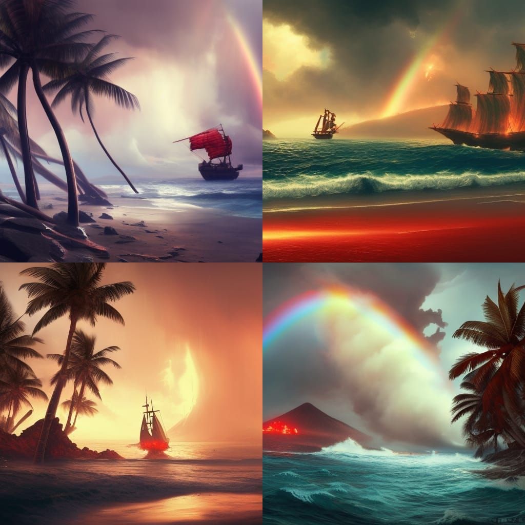 Blood Red Pirate Ship on Stormy Beach in 8k